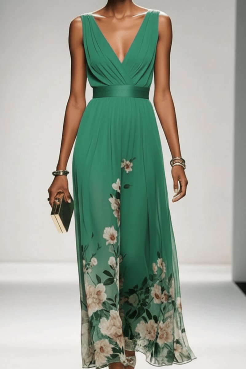 Lilou Soft Floral Chiffon V-Neck Maxi Dress