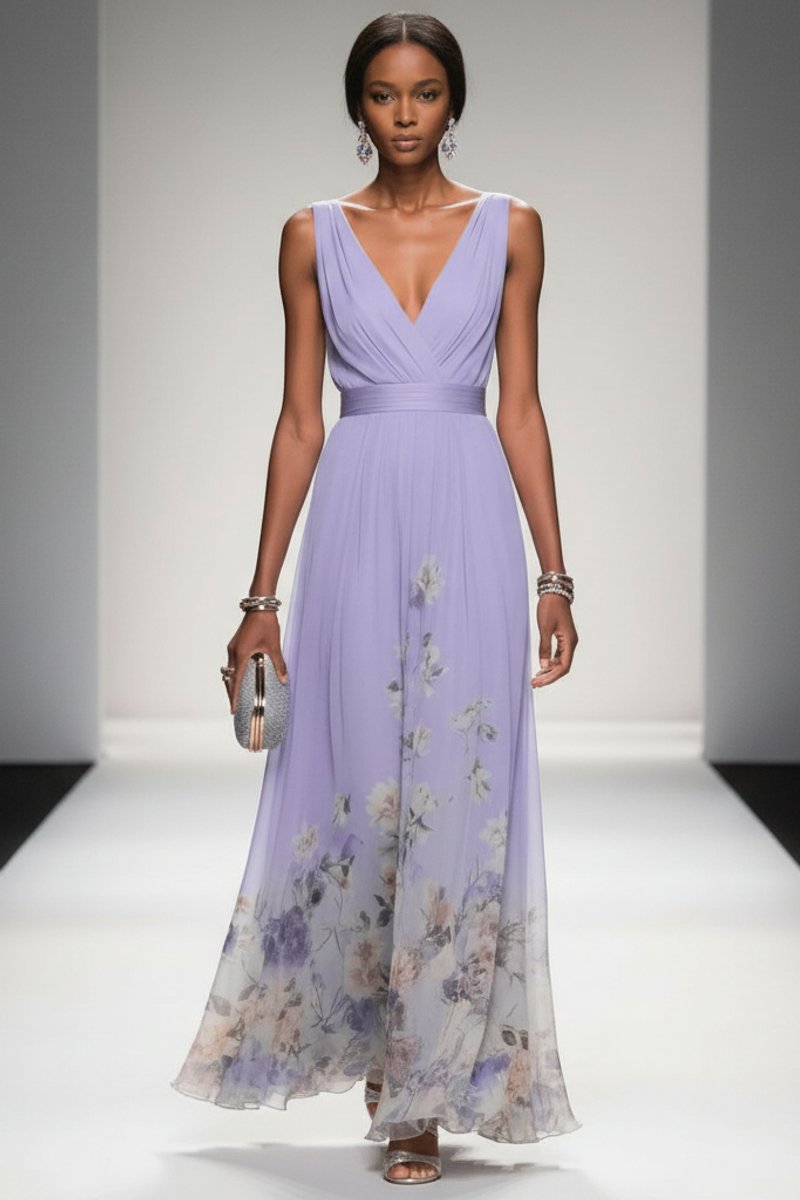 Lilou Soft Floral Chiffon V-Neck Maxi Dress