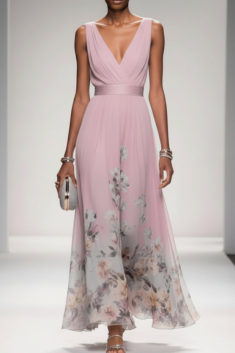 Lilou Soft Floral Chiffon V-Neck Maxi Dress