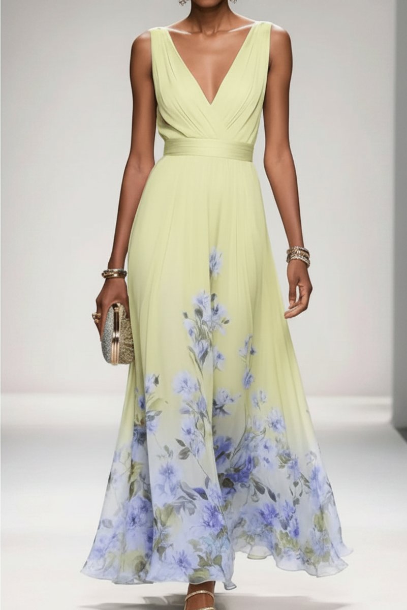 Lilou Soft Floral Chiffon V-Neck Maxi Dress