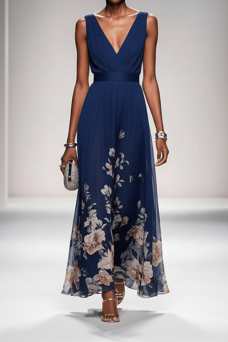 Lilou Soft Floral Chiffon V-Neck Maxi Dress