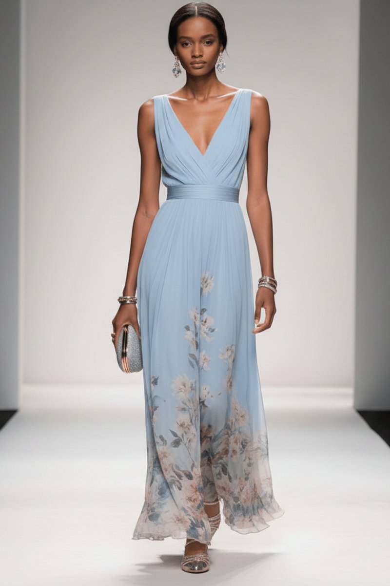 Lilou Soft Floral Chiffon V-Neck Maxi Dress