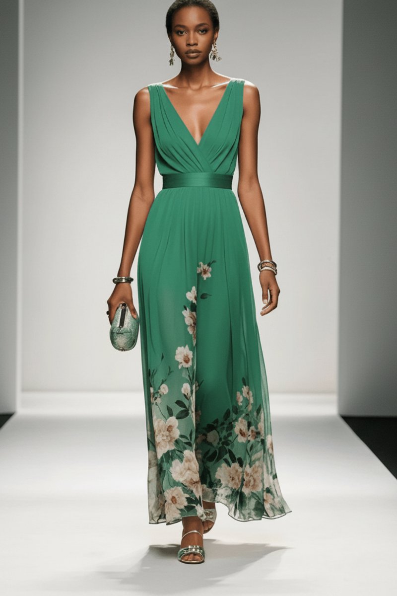 Lilou Soft Floral Chiffon V-Neck Maxi Dress