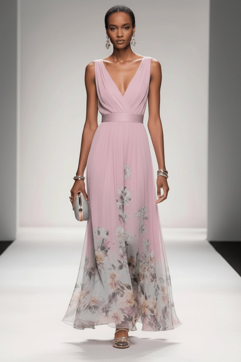 Lilou Soft Floral Chiffon V-Neck Maxi Dress
