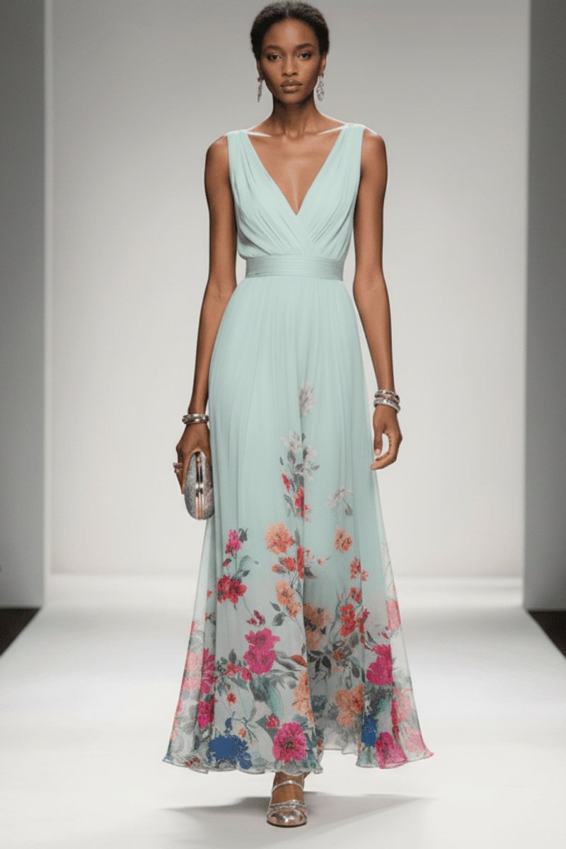 Lilou Soft Floral Chiffon V-Neck Maxi Dress