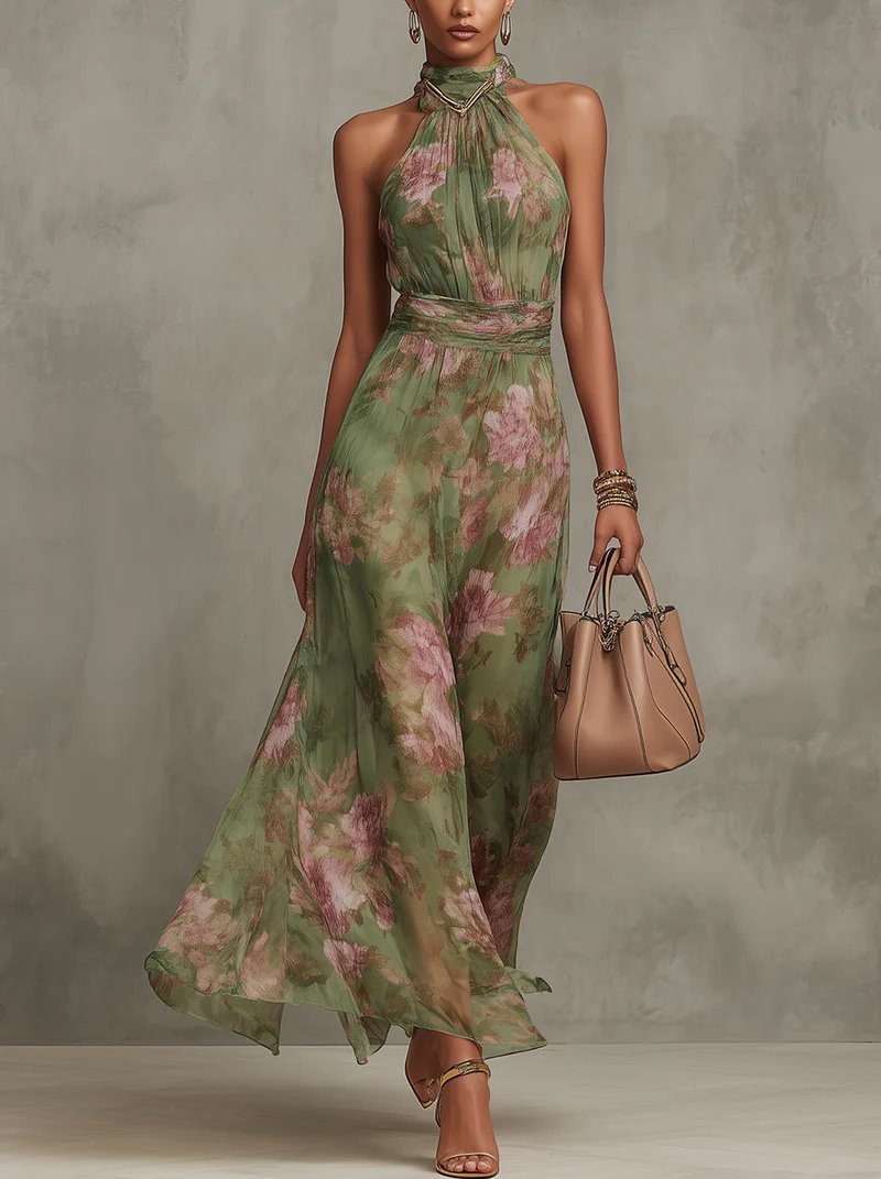 Calla Breezy Floral Halter Chiffon Maxi Dress