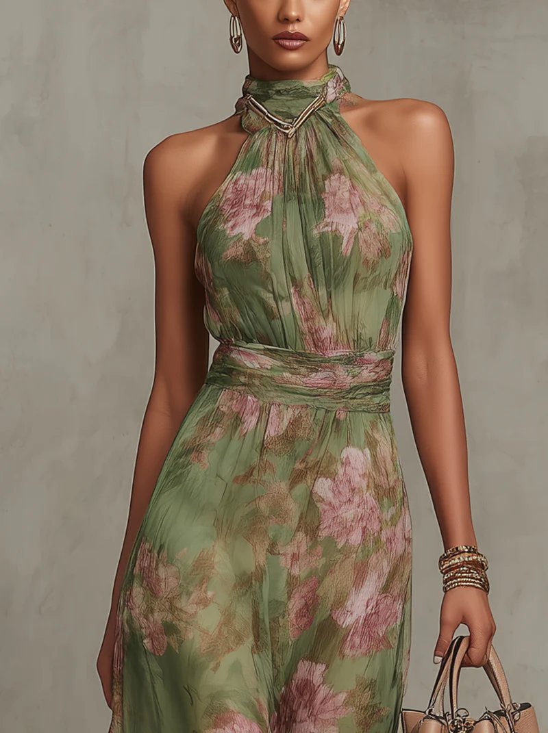 Calla Breezy Floral Halter Chiffon Maxi Dress