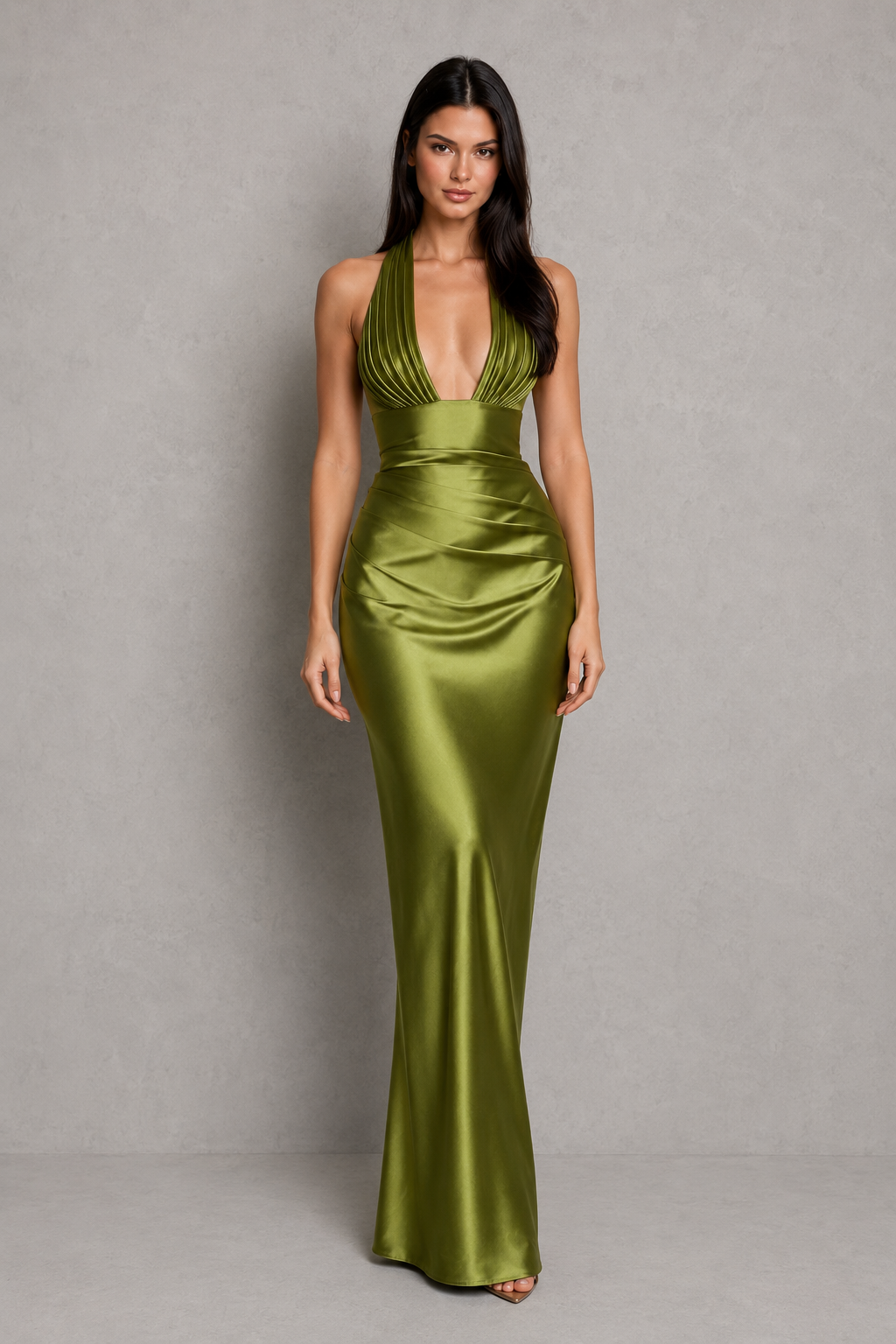 Vera Elegant Satin Halter Maxi Dress with Corset Bodice
