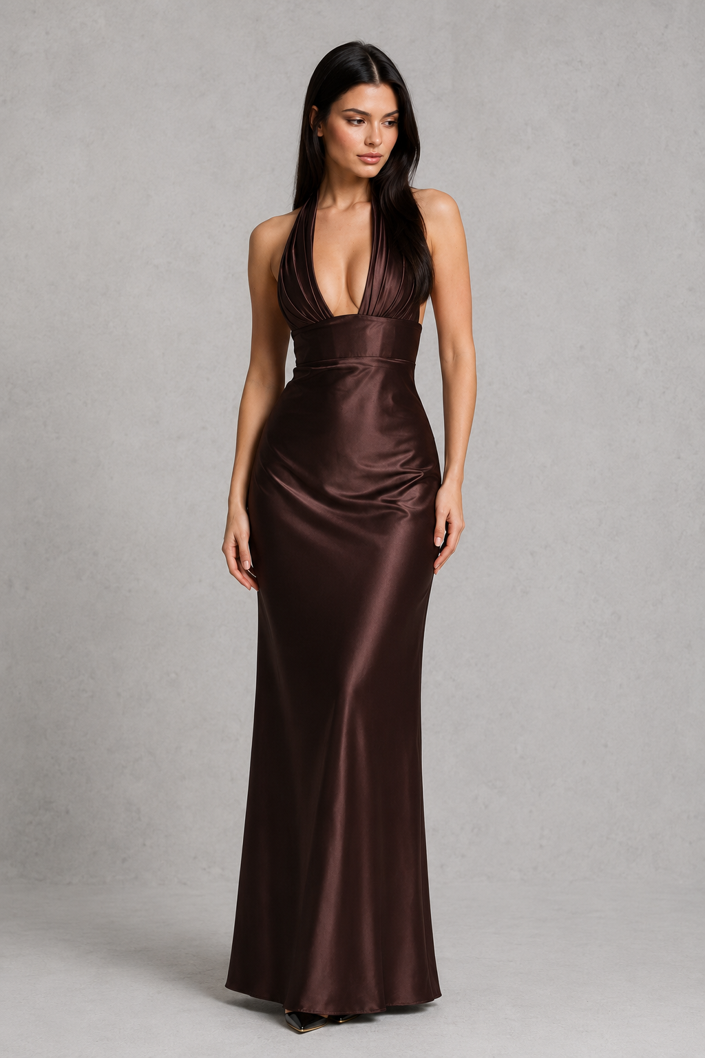 Vera Elegant Satin Halter Maxi Dress with Corset Bodice
